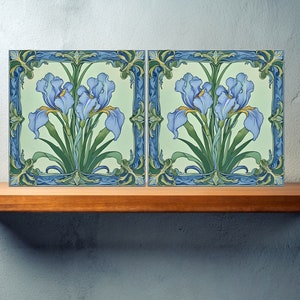 Art Nouveau Flower Ceramic tiles - Set of 2 Art Nouveau Irises Wall Decor Tiles - Kitchen Backsplash Tiles, Bathroom Tiles