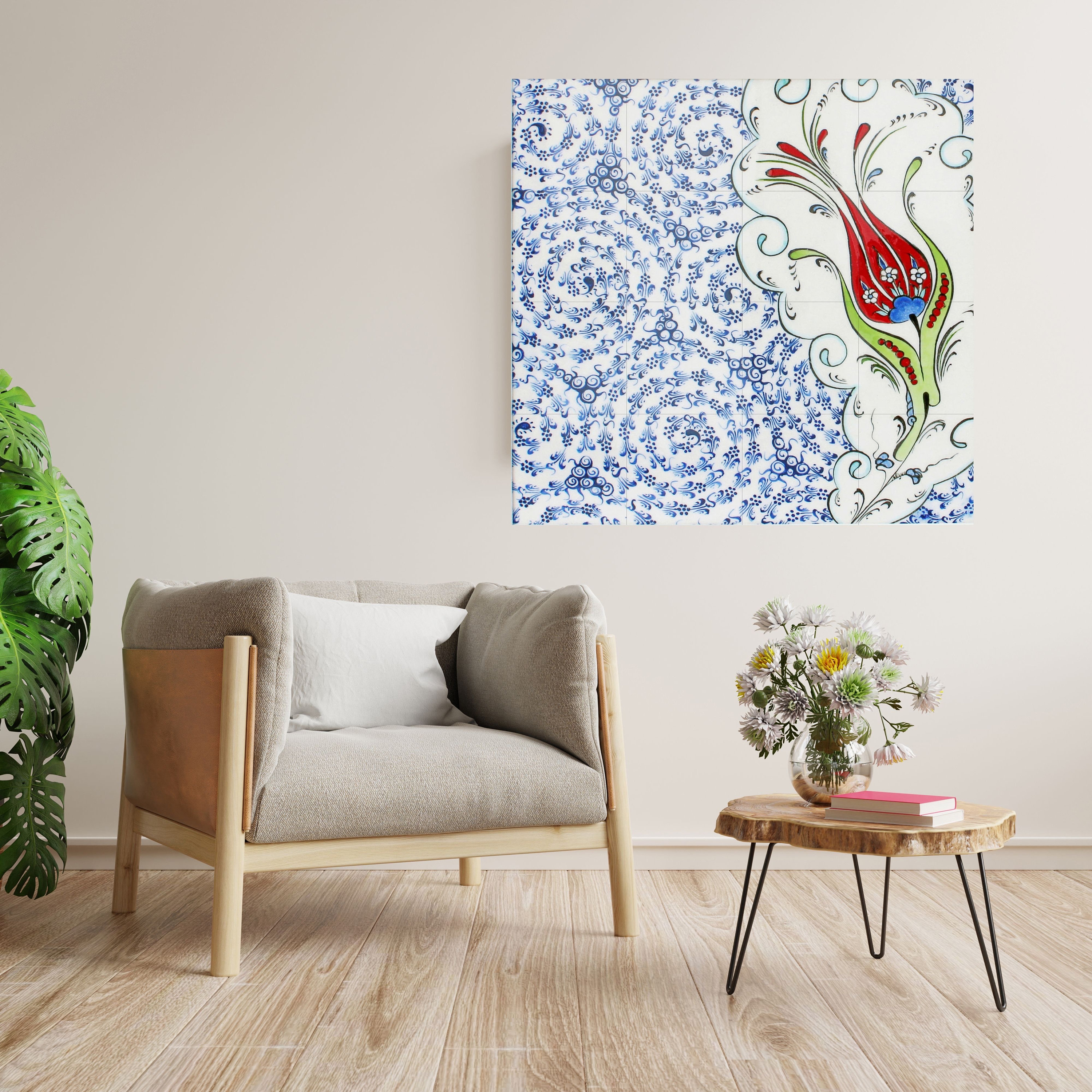 Panel De Azulejo Cerámico Turco Iznik 32x24: Mural Patrón Floral Rojo Y Azul (Artesanía Otomana)