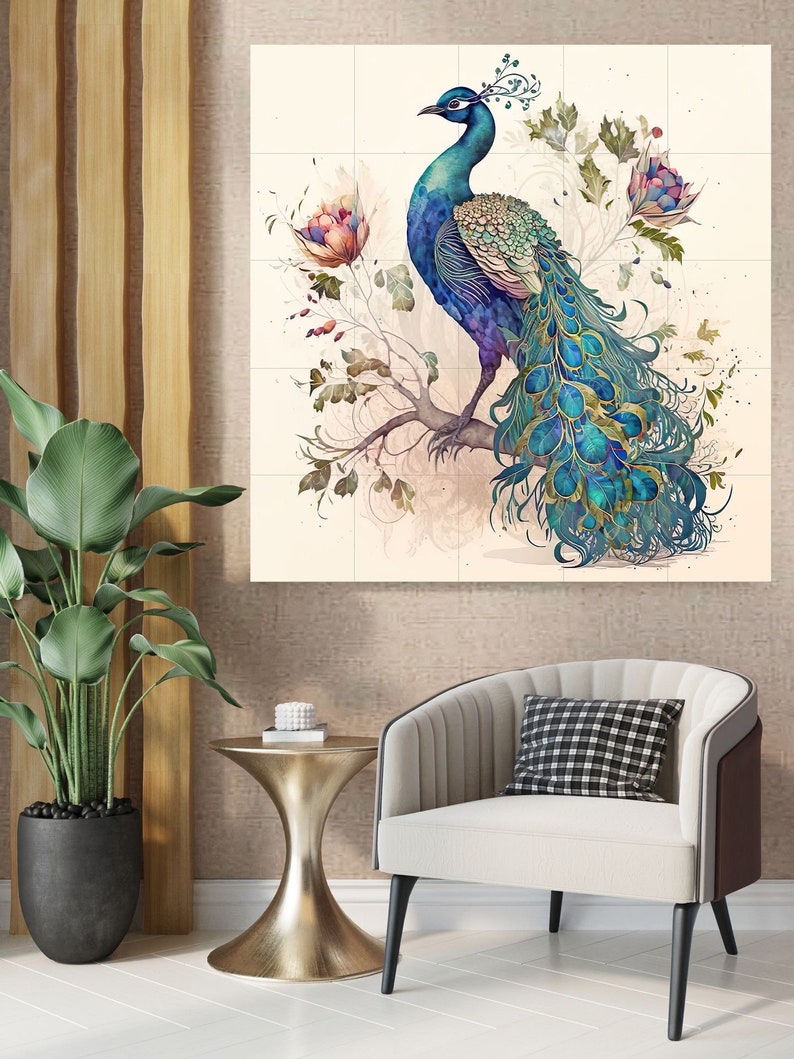 Tile Mural/Mosaic Ceramic Panel of Peacock Bird Wall Art Home Decor Peacock Mural Gloss Tiles Peacock Tile Mosaic Bird Print image 3