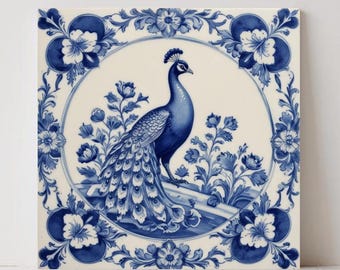 Delft Blue Tile : Ceramic Bird Wall Art Peacock Print Kitchen Backsplash Bathroom Decor