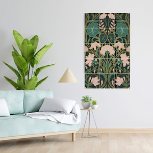 May include: A decorative floral wall panel with a repeating pattern of pink flowers and teal leaves on a dark green background. Gold outlines define the floral elements. The artwork is displayed on a white wall.