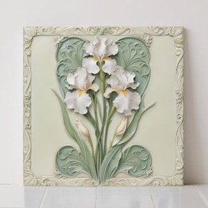 Art Nouveau Iris Ceramic Tiles - Botanical Kitchen & Bath Decor - Set of 2