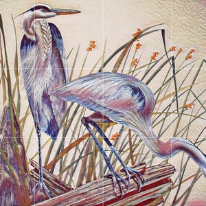 Płytki ścienne/mozaika Panel ceramiczny z niebieskimi czaplami - Heron Birds Wall Art - Heron Birds Print - Tile Mural - Gloss Tiles - Tile Mosaic