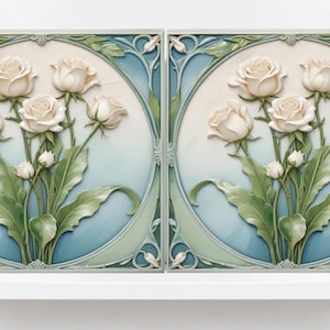 Rose Tile Ceramic tiles Art Nouveau Tiles - Set of 2 Art Nouveau Wall Decor  Roses Tiles - Kitchen Backsplash Tiles, Shower Wall Tile