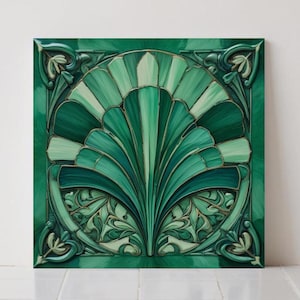 Art Deco Green Ceramic Tile - Geometric Wall Decor Glossy Finish Flat Print ( No Texture)