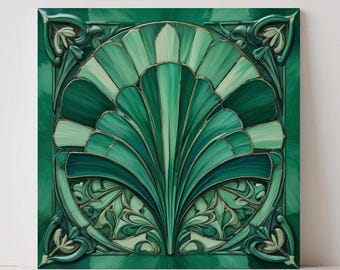 Art Deco Green Ceramic Tile - Geometric Wall Decor Glossy Finish Flat Print ( No Texture)