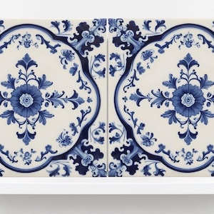 Delft Floral Tile - Delft Blue Tile - Set of 2 Ceramic Delftware Tiles- Flower Tiles - Delft Prints Wall - Kitchen Backsplash, Sink,Bathroom