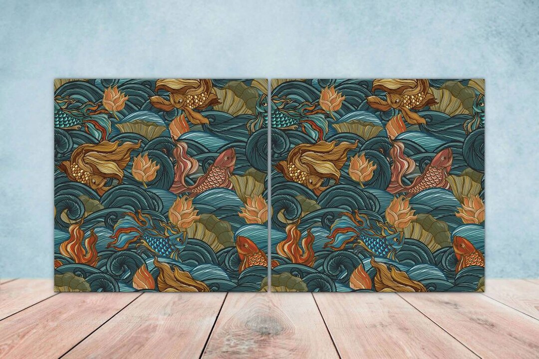 Koi Fish Ceramic Tile Japanese Tiles set of 2 Wall Decor Tiles kitchen