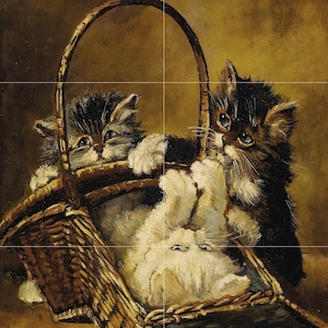 Kittens in Basket Tile Mural: Brunel de Neville Cat Art