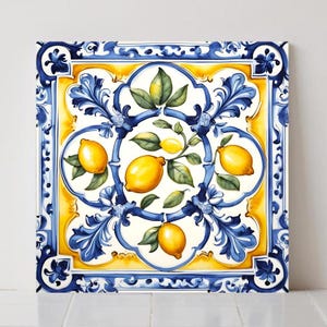 Italian Majolica Lemon Tiles: Sicilian Ceramic Wall Art Decor, Set of 2