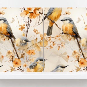 May include: A decorative panel with a repeating watercolour pattern of birds perched on branches with orange flowers. The birds have grey heads, orange chests, and yellow wings. The background is a soft, off-white colour.