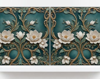 Azulejos de cerâmica Art Nouveau com flor de lótus - Conjunto de 2 azulejos decorativos verdes para parede