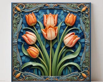 Art Nouveau Tulip Ceramic Tile, Botanical Floral Wall Art, Vintage Kitchen Backsplash Decor