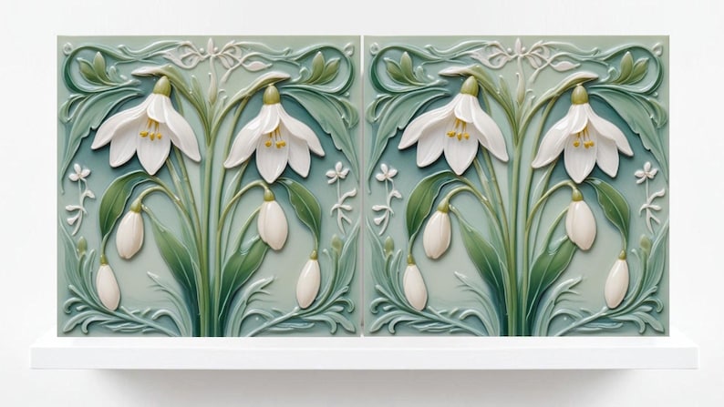 May include: Two square ceramic tiles with a floral design featuring white snowdrop flowers and green leaves against a pale green background. The tiles are displayed on a white shelf.