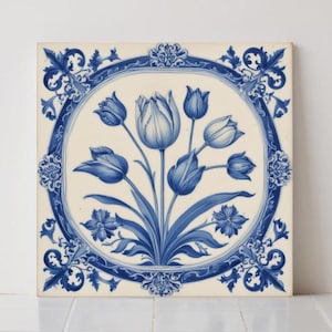 Azulejo Tulipán de Delft: Revestimiento de cerámica azul para fregadero de cocina, salpicadero de baño, arte mural