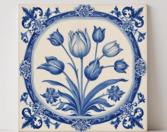 Delft Tulip Tile: Blue Ceramic Kitchen Backsplash Sink Splashback Bathroom Wall Art