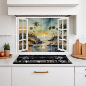 Mural de azulejos de palmeras tropicales: arte de pared de cerámica con vista a la playa y al atardecer