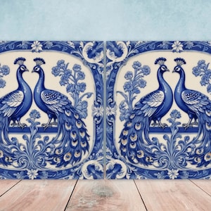 Art Nouveau Peacock Ceramic tiles -Set of 2 Art Nouveau Bird Wall Decor Tiles -  Peacock Print, Kitchen Backsplash Tiles, Bathroom Tiles