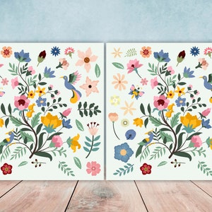 Birds and Flowers - Two 6 x 6 inches decorative ceramic tiles