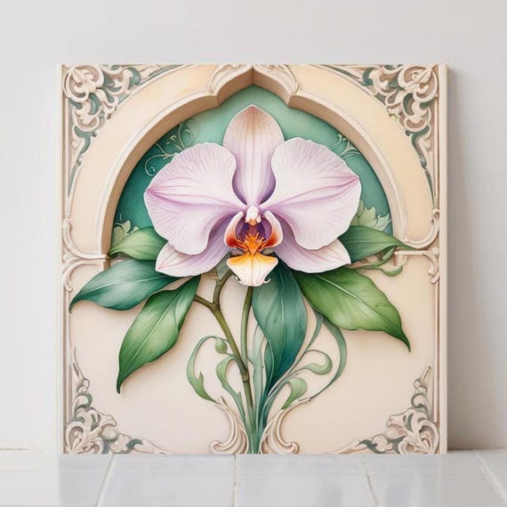 Flower Art Nouveau Orchid Ceramic Tile : Decorative Botanical Wall