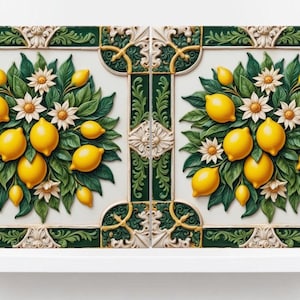 Italian Majolica Lemon Tiles - Set of 2 Mediterranean Wall Decor Tiles -Kitchen Backsplash,Bathroom,Shower Wall,Fireplace, Sink Splashback