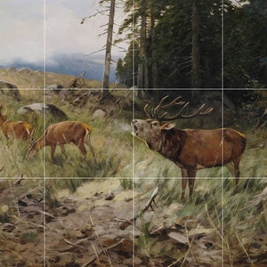 Fliese Wandbild/Mosaik Keramik Platte eines brüllenden Hirsches und Rehs - Christoffer Drathmann - Fliesenbild - Glanzfliesen - Hirsch Wandbild - Fliesenmosaik