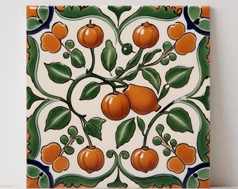 Spanish Fruit Tile,  Citrus Botanical Ceramic Wall Art, Mediterranean Kitchen Backsplash, Vintage Spanish Decor