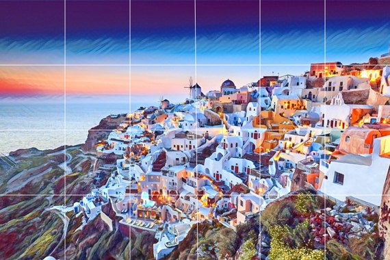 サントリーニ島のタイル壁画 – ギリシャ風セラミックモザイクパネル