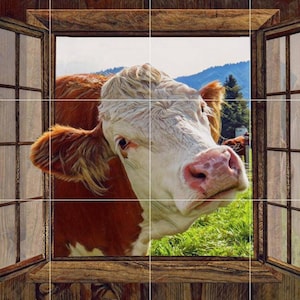 Tile Mural/Mosaic Ceramic Panel of Cow in a Window - Countryside Mural - Wall Nature Art - Tile Mural - Gloss Tiles - Cow Tile Mosaic