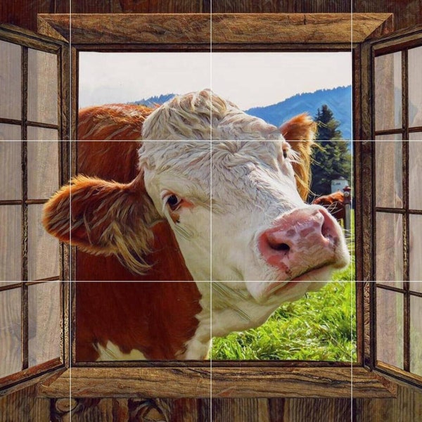 Tile Mural/Mosaic Ceramic Panel of Cow in a Window - Countryside Mural - Wall Nature Art - Tile Mural - Gloss Tiles - Cow Tile Mosaic