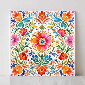 Mexican Ceramic Flower Tiles: Folk Art Kitchen Backsplash, Set of 2
