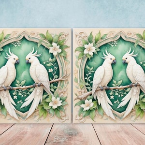 Jugendstil Vogel Keramikfliesen - 2er-Set Kakadu-Papagei-Wandfliesen, Wandfliesen mit tropischen Vögeln, Küchenfliesen für Badezimmer