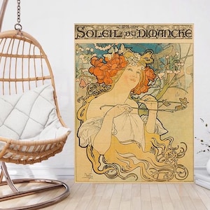 May include: A vintage poster featuring a woman with flowing blonde hair and a crown of red flowers. The poster is titled "Soleil du Dimanche" and is in a Art Nouveau style.