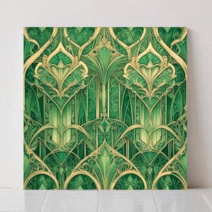 Azulejo cerámico Art Déco: Decoración geométrica de pared verde y dorada