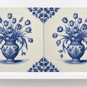 Delft Tulip Tile- Delft Blue Tile -Set of 2 Ceramic Delft Floral Tiles- Flower Tiles - Delft Prints Wall - Kitchen Backsplash, Sink,Bathroom