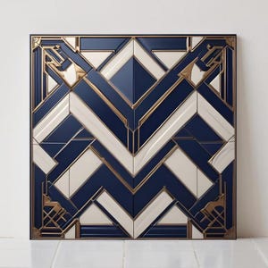 May include: Art deco style wall panel with a geometric design in navy blue, white, and gold. The square panel has a black frame and a symmetrical pattern. The design is reminiscent of the art deco period, with its bold lines and contrasting colours.