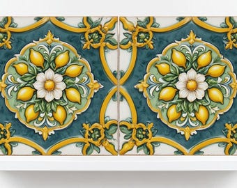 Italian Majolica Lemon Tile Set: Mediterranean Ceramic Flower Wall Decor Sicilian Wall Art