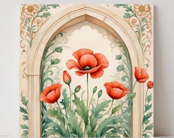 Poppy Ceramic Tile, Art Nouveau Botanical, Floral Bathroom Kitchen Wall Decor, Watercolor Flower