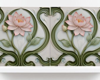 Art Nouveau Lotus Flower Ceramic Tiles - Set of 2