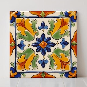 Spanish Mediterranean Ceramic Flower Tiles - Wall Decor, Backsplash (Set of 2)