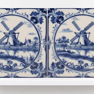 Azulejo de cerámica azul de molino de viento de Delft - Juego de 2 azulejos de cerámica de Delft - Molinos de viento de cerámica azul de Delft - Estampados de Delft - Salpicadero de cocina, fregadero, baño