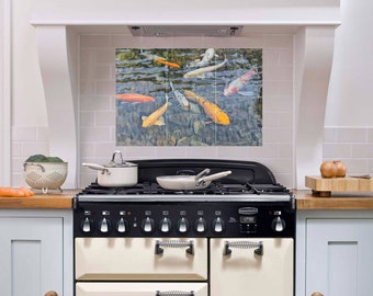 Japanisches Koi Fischteich Fliesenbild: Glänzendes Keramik-Mosaik-Panel