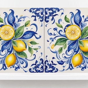 Italian Majolica Lemon Tiles - Set of 2 Mediterranean Wall Decor Fruit Tiles -Kitchen Backsplash,Bathroom,Shower ,Fireplace, Sink Splashback