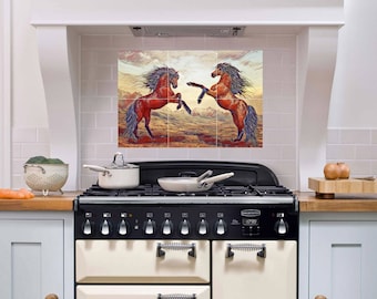 Horse Tile Mural: Colorful Equestrian Ceramic Countryside Wall Art