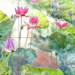 May include: A watercolour painting of pink lotus flowers and large green lily pads. The artwork has a soft, ethereal quality with a light, airy background. The image is divided into sections.