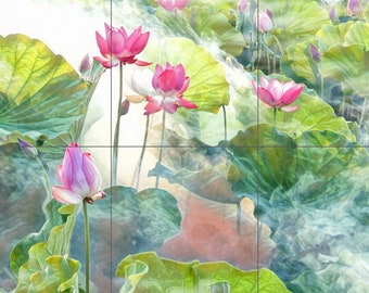 Tile Mural/Mosaic Ceramic Panel of Lotus Flowers - Lotus flower print - Tile Mural Art Print - Home Decor - Tile Mosaic - Botanica print