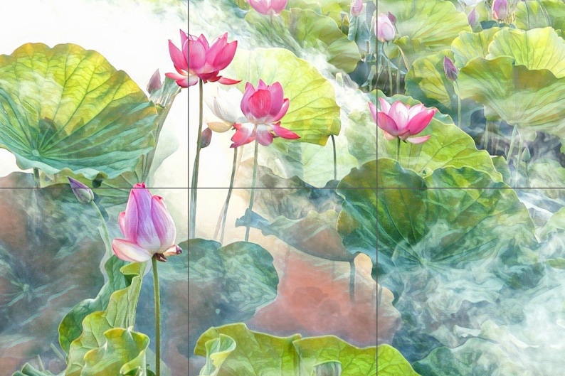 May include: A watercolour painting of pink lotus flowers and large green lily pads. The artwork has a soft, ethereal quality with a light, airy background. The image is divided into sections.