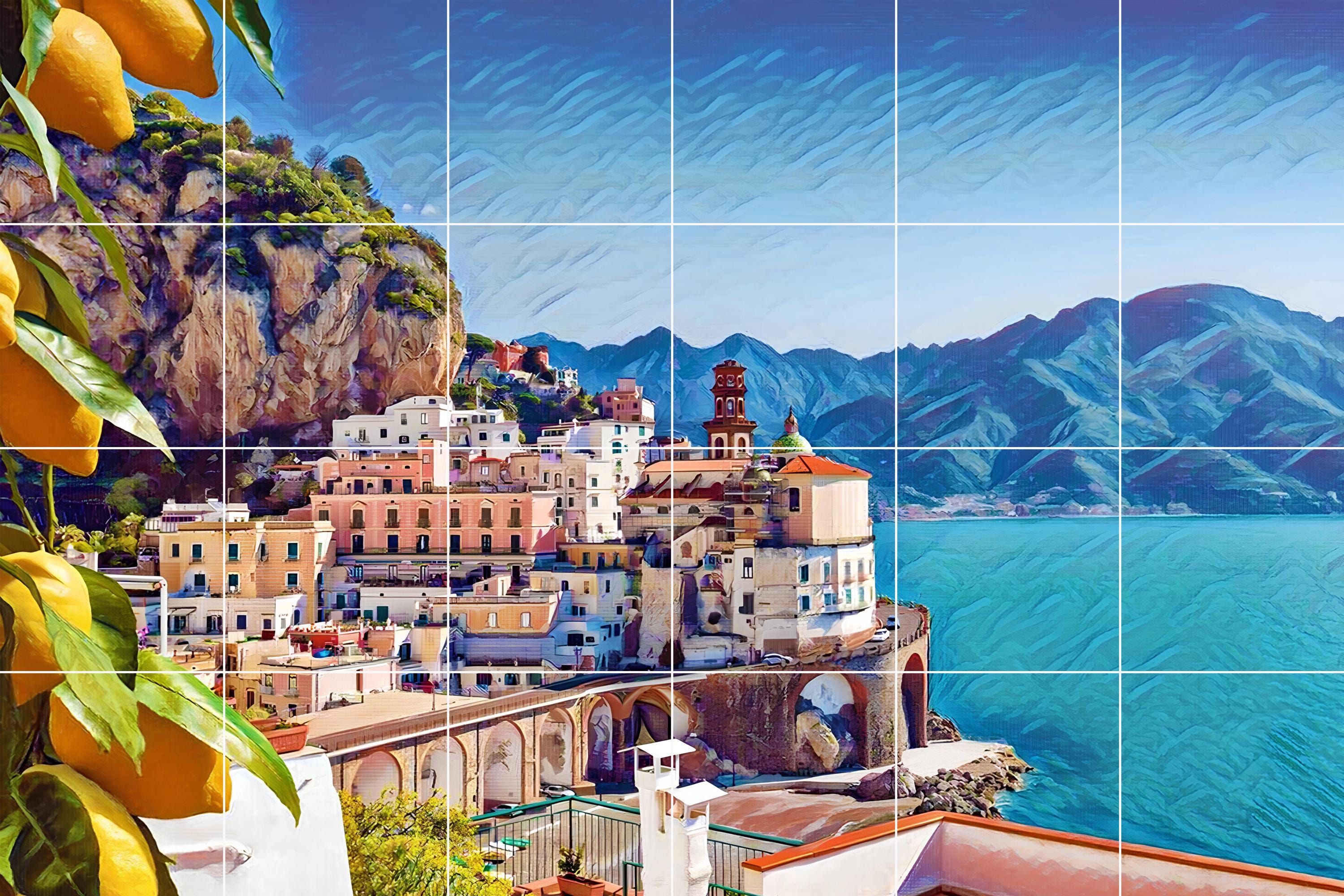 アマルフィ海岸のタイル壁画：光沢のある陶器のイタリアの風景