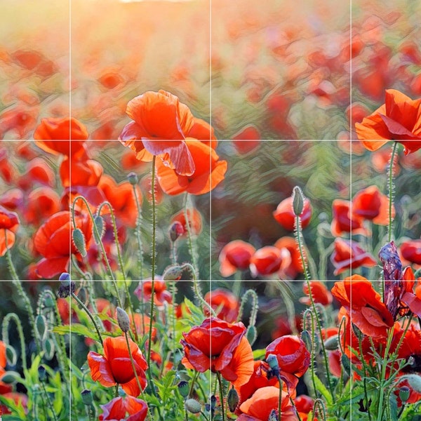 Carrelage mural/mosaïque en céramique représentant un champ de coquelicots - décoration murale fleur - oeuvre d'art murale coquelicot - carrelage mural - décoration d'intérieur coquelicot - carrelage mosaïque