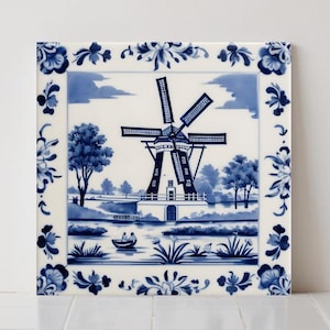 Piastrelle in ceramica blu mulino a vento di Delft - Decorazione da parete per bagno e paraschizzi da cucina olandese